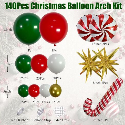 Christmas Balloon Arch Kit, Red Green Gold White Balloon Garland with Star Candy Cane Foil Balloons for Xmas Party in Saudi Arabia