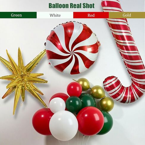 Christmas Balloon Arch Kit, Red Green Gold White Balloon Garland with Star Candy Cane Foil Balloons for Xmas Party in Saudi Arabia