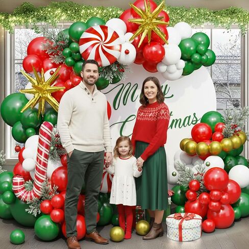 Christmas Balloon Arch Kit, Red Green Gold White Balloon Garland with Star Candy Cane Foil Balloons for Xmas Party in Saudi Arabia
