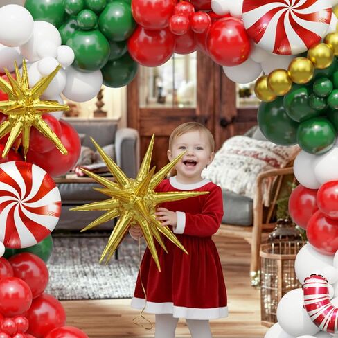 Christmas Balloon Arch Kit, Red Green Gold White Balloon Garland with Star Candy Cane Foil Balloons for Xmas Party in Saudi Arabia
