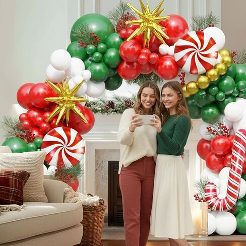 Christmas Balloon Arch Kit, Red Green Gold White Balloon Garland with Star Candy Cane Foil Balloons for Xmas Party in Saudi Arabia