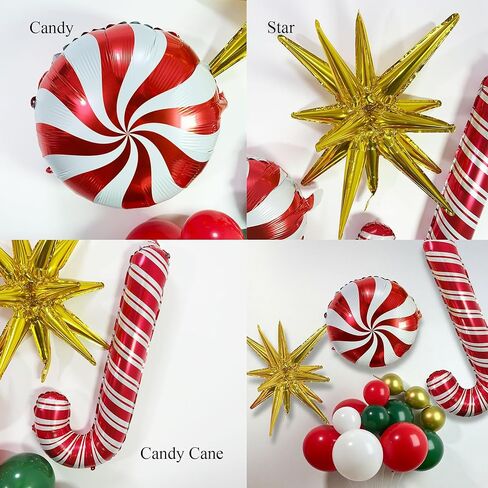 Christmas Balloon Arch Kit, Red Green Gold White Balloon Garland with Star Candy Cane Foil Balloons for Xmas Party in Saudi Arabia