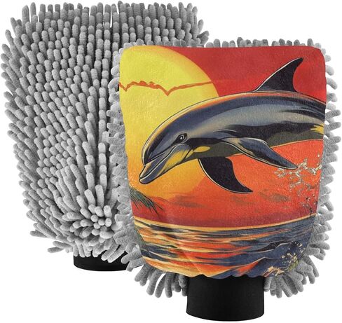 AIXIWAWA Sunset Dolphin Print Car Wash Mitt Washing Glove Scratch Free Water Absorbent 2 Pack Medium in Saudi Arabia