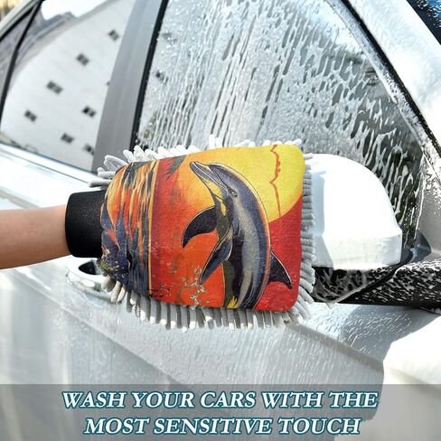 AIXIWAWA Sunset Dolphin Print Car Wash Mitt Washing Glove Scratch Free Water Absorbent 2 Pack Medium in Saudi Arabia