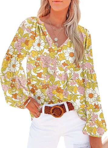 Dokotoo Women's Casual Boho Floral Print V Neck Long Sleeve T Shirt Blouses in Kuwait