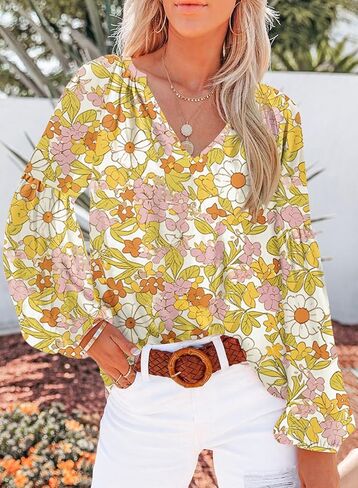 Dokotoo Women's Casual Boho Floral Print V Neck Long Sleeve T Shirt Blouses in Kuwait