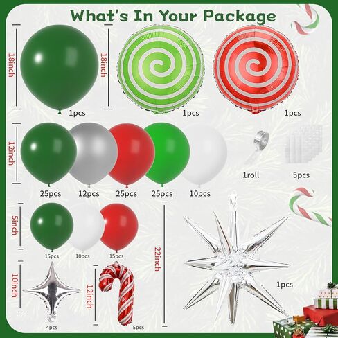 مجموعة بالونات عيد الميلاد على شكل إكليل - 145 قطعة بالونات فضية باللون الأحمر والأبيض والأخضر مع حلوى ونجمة وعصا عيد الميلاد لديكور حفلات عيد الميلاد وحفلات استقبال المولود الجديد in Kuwait