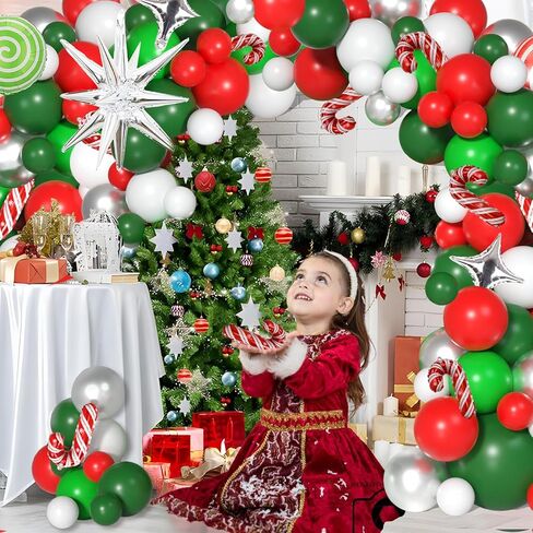 مجموعة بالونات عيد الميلاد على شكل إكليل - 145 قطعة بالونات فضية باللون الأحمر والأبيض والأخضر مع حلوى ونجمة وعصا عيد الميلاد لديكور حفلات عيد الميلاد وحفلات استقبال المولود الجديد in Kuwait