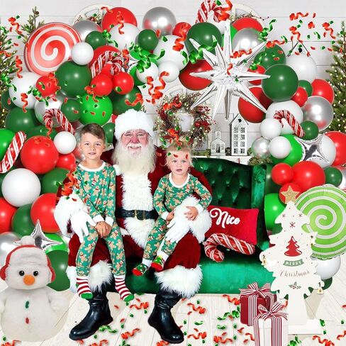 مجموعة بالونات عيد الميلاد على شكل إكليل - 145 قطعة بالونات فضية باللون الأحمر والأبيض والأخضر مع حلوى ونجمة وعصا عيد الميلاد لديكور حفلات عيد الميلاد وحفلات استقبال المولود الجديد in Kuwait