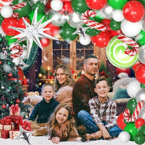 مجموعة بالونات عيد الميلاد على شكل إكليل - 145 قطعة بالونات فضية باللون الأحمر والأبيض والأخضر مع حلوى ونجمة وعصا عيد الميلاد لديكور حفلات عيد الميلاد وحفلات استقبال المولود الجديد in Kuwait