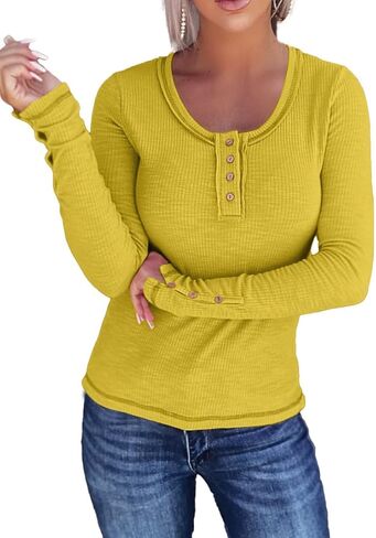 KINLONSAIR Women’s Long Sleeve Henley T Shirts Button Down Slim Fit Tops Scoop Neck Ribbed Knit Shirts Chocolate in Saudi Arabia