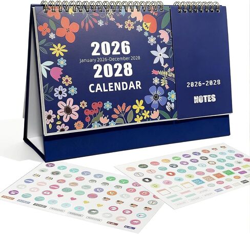 Desk Calendar Jan 2026 - Dec 2028, 10.43" x 7.3" Standing Flip 3-Year Desktop Calendar Monday Start with Memo Pad Golden Wire-Binding, Holiday Markings & 2 Sticker Sheets in Saudi Arabia