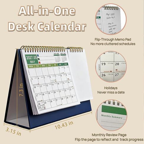 Desk Calendar Jan 2026 - Dec 2028, 10.43" x 7.3" Standing Flip 3-Year Desktop Calendar Monday Start with Memo Pad Golden Wire-Binding, Holiday Markings & 2 Sticker Sheets in Saudi Arabia