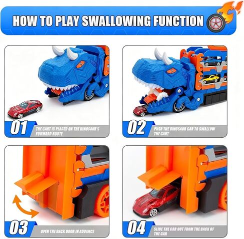 لعبة شاحنة الديناصورات للأطفال بعمر 3 4 5 6 سنوات (أزرق/أخضر) - شاحنة حاملة دينو 3 في 1 مع قاذف مسار سباق مزدوج، أضواء وصوت، تتضمن 8 سيارات صغيرة، هدية للأولاد والبنات (أخضر) in Kuwait