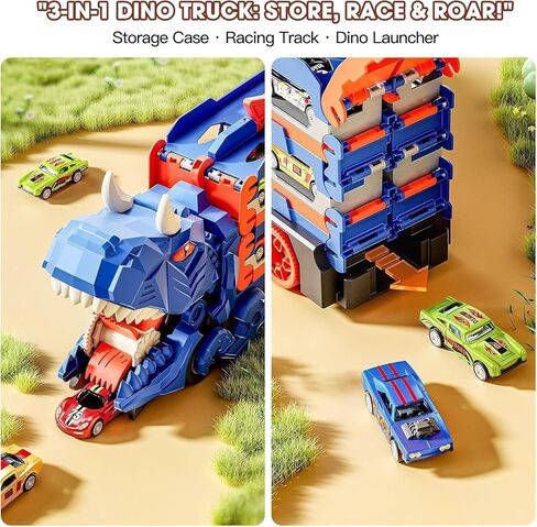 لعبة شاحنة الديناصورات للأطفال بعمر 3 4 5 6 سنوات (أزرق/أخضر) - شاحنة حاملة دينو 3 في 1 مع قاذف مسار سباق مزدوج، أضواء وصوت، تتضمن 8 سيارات صغيرة، هدية للأولاد والبنات (أخضر) in Kuwait