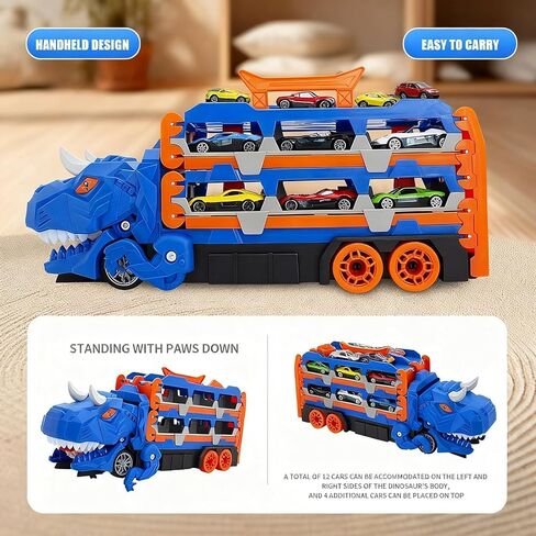 لعبة شاحنة الديناصورات للأطفال بعمر 3 4 5 6 سنوات (أزرق/أخضر) - شاحنة حاملة دينو 3 في 1 مع قاذف مسار سباق مزدوج، أضواء وصوت، تتضمن 8 سيارات صغيرة، هدية للأولاد والبنات (أخضر) in Kuwait