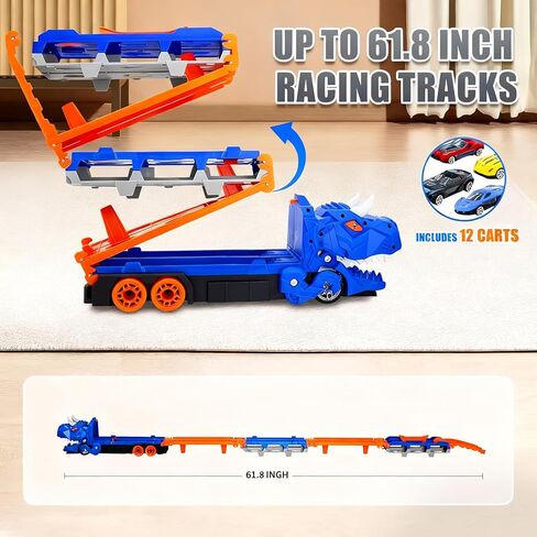 لعبة شاحنة الديناصورات للأطفال بعمر 3 4 5 6 سنوات (أزرق/أخضر) - شاحنة حاملة دينو 3 في 1 مع قاذف مسار سباق مزدوج، أضواء وصوت، تتضمن 8 سيارات صغيرة، هدية للأولاد والبنات (أخضر) in Kuwait