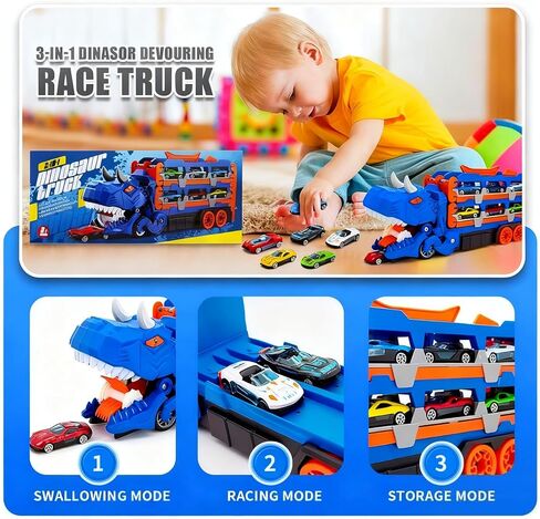 لعبة شاحنة الديناصورات للأطفال بعمر 3 4 5 6 سنوات (أزرق/أخضر) - شاحنة حاملة دينو 3 في 1 مع قاذف مسار سباق مزدوج، أضواء وصوت، تتضمن 8 سيارات صغيرة، هدية للأولاد والبنات (أخضر) in Kuwait