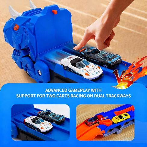 لعبة شاحنة الديناصورات للأطفال بعمر 3 4 5 6 سنوات (أزرق/أخضر) - شاحنة حاملة دينو 3 في 1 مع قاذف مسار سباق مزدوج، أضواء وصوت، تتضمن 8 سيارات صغيرة، هدية للأولاد والبنات (أخضر) in Kuwait