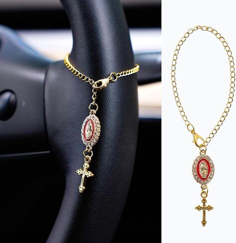 Steering Wheel Catholic Charm Accessories, Virgin Mary Hanging Pendant, Steering Wheel Accessory with Virgin Mary Charm and Cross, Catholic Car Decor for Men Women (White) in Saudi Arabia