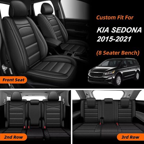 مجموعة كاملة من أغطية المقاعد تناسب Kia Sedona 2015-2021: 8 مقاعد مجموعة كاملة من أغطية مقاعد السيارات المصنوعة من الجلد الصناعي المقاوم للماء مع وسادة هوائية متوافقة (أسود، 3 صفوف 8 مقاعد) in Kuwait