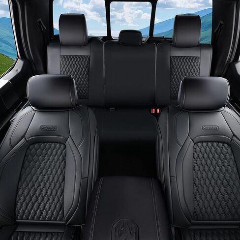 أغطية مقاعد السيارة Coverado كاملة، أغطية مقاعد سيارة جلدية مقاومة للماء لسيارة Dodge RAM 1500 متوافقة مع ملحقات 2010-2023 2500 3500 Dodge RAM، جبهة منحنية وخلفية مسطحة/أسود in Kuwait