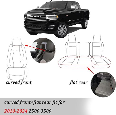 أغطية مقاعد السيارة Coverado كاملة، أغطية مقاعد سيارة جلدية مقاومة للماء لسيارة Dodge RAM 1500 متوافقة مع ملحقات 2010-2023 2500 3500 Dodge RAM، جبهة منحنية وخلفية مسطحة/أسود in Kuwait