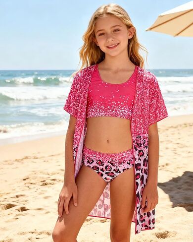 Girls 3 Piece Swimsuit Cute Bikini Bathing Suit Quick Dry Swimwear Sun Protection Cover-Up Sets 5-12 Years in Kuwait