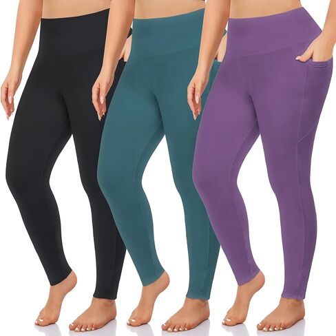 NEW YOUNG 3 Pack Plus Size Leggings with Pockets for Women,High Waist Tummy Control Workout Yoga Pants in Kuwait