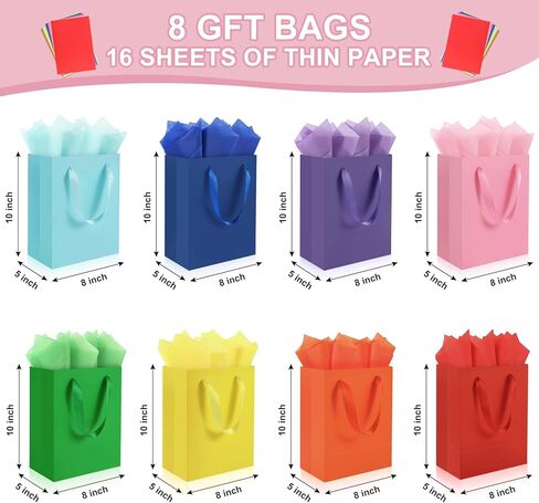 8 Pack Medium Gift Bags With Handles and 16 Tissue Paper, 8" X 5" X 10" Paper Bags Bulk for Birthday Party, Baby Shower, Wedding Favors, Thanksgiving & Christmas (8 Colors, 1 Count (Pack of 8) ) in Saudi Arabia