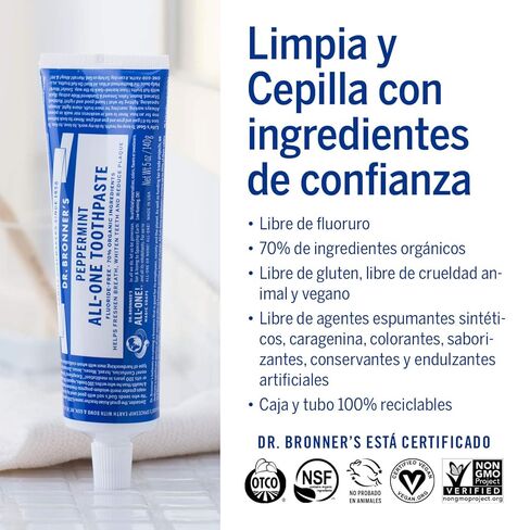 Dr. Bronner’s - All-One Toothpaste Variety Pack - Peppermint & Spearmint, 70% Organic Ingredients, Fluoride-Free, Helps Freshen Breath, Vegan (5oz, 2-Pack) in Kuwait