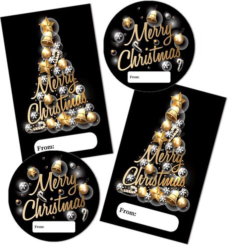 Black Gold Foil Merry Christmas Stickers, Christmas Decorative Gift Stickers for Envelopes Cards Goodie Bags, 20 Round and 20 Rectangular Labels, Wrapping Party Supplies and Favors-A06 in Saudi Arabia
