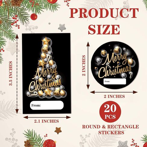 Black Gold Foil Merry Christmas Stickers, Christmas Decorative Gift Stickers for Envelopes Cards Goodie Bags, 20 Round and 20 Rectangular Labels, Wrapping Party Supplies and Favors-A06 in Saudi Arabia