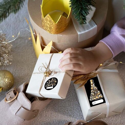 Black Gold Foil Merry Christmas Stickers, Christmas Decorative Gift Stickers for Envelopes Cards Goodie Bags, 20 Round and 20 Rectangular Labels, Wrapping Party Supplies and Favors-A06 in Saudi Arabia