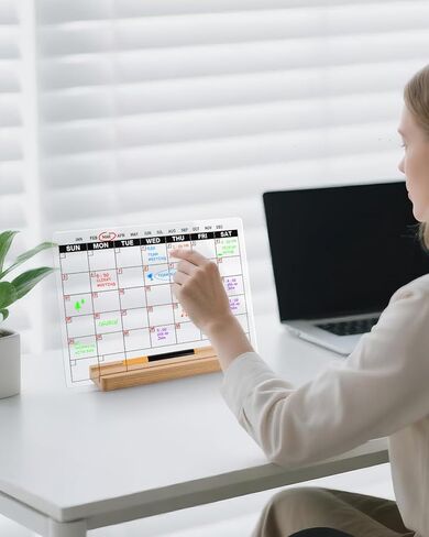 Acrylic Dry Erase Monthly Calendar Board for Desk, 9x13 Transparent Acrylic Whiteboard with Date Grid, Wood Stand, 6 Wet Erase Markers, for Home, Office, School (Black Text) in Saudi Arabia