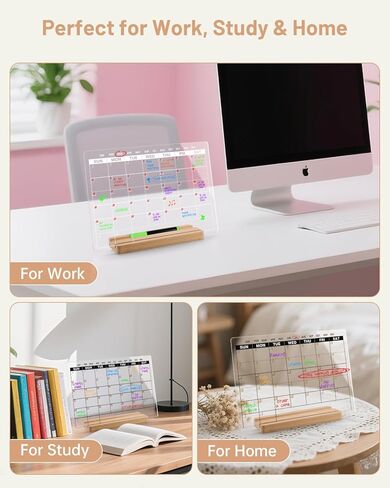 Acrylic Dry Erase Monthly Calendar Board for Desk, 9x13 Transparent Acrylic Whiteboard with Date Grid, Wood Stand, 6 Wet Erase Markers, for Home, Office, School (Black Text) in Saudi Arabia