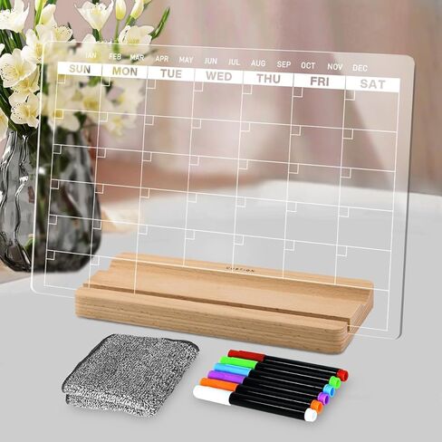 Acrylic Dry Erase Monthly Calendar Board for Desk, 9x13 Transparent Acrylic Whiteboard with Date Grid, Wood Stand, 6 Wet Erase Markers, for Home, Office, School (Black Text) in Saudi Arabia