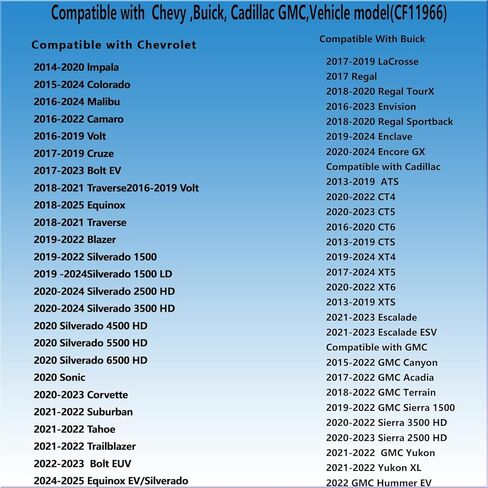 CF11966 فلتر هواء المقصورة مع الكربون المنشط متوافق مع Chevy Silverado 1500 2500 3500 HD Cruze GMC Cadillac Buick |Enclave Encore GX Envision Camaro Colorado CT5 CT6 CTS Malibu Bolt EUV Bolt EV in Kuwait