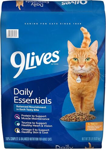 9Lives Daily Essentials طعام جاف للقطط بنكهات الدجاج ولحم البقر والسلمون، كيس 20 رطل in Kuwait