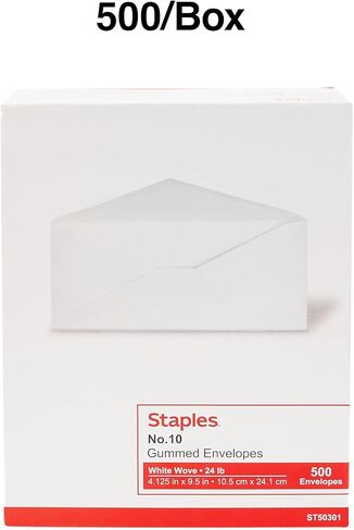 Staples Gummed #10 مظاريف أعمال، 4 1/8 بوصة × 9 1/2 بوصة، أبيض، 1000/كرتون (ST50301-CCVS) in Saudi Arabia