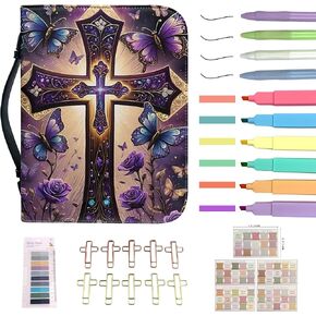 Floral Christian Butterfly Cross 26 Pcs Journaling Kit Size L-2XL Bible Case Covers Bag Study Supplies PU Leather for Women in Kuwait