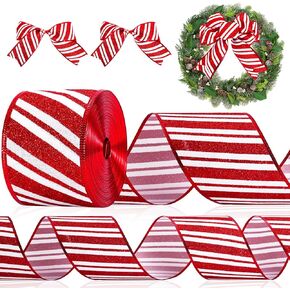 Whaline Christmas Wired Edge Ribbon Peppermint Candy Stripe Glitter Fabric Craft Ribbon for Xmas Tree Bow Wreath Gift Wrap Holiday Party Home Decor, 4 Inch, 15 Yards in Kuwait