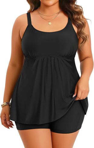 Holipick Black Plus Size Two Piece Tankini Swimsuits for Women Tummy Control Bathing Suits Scoop Neck Tankini Top with Boy Shorts in Kuwait