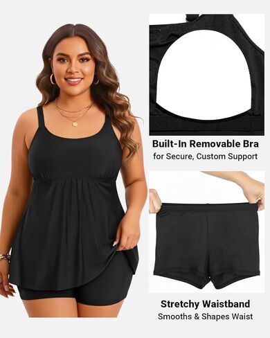 Holipick Black Plus Size Two Piece Tankini Swimsuits for Women Tummy Control Bathing Suits Scoop Neck Tankini Top with Boy Shorts in Kuwait
