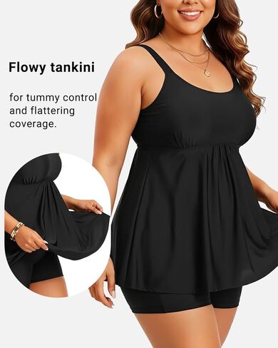Holipick Black Plus Size Two Piece Tankini Swimsuits for Women Tummy Control Bathing Suits Scoop Neck Tankini Top with Boy Shorts in Kuwait