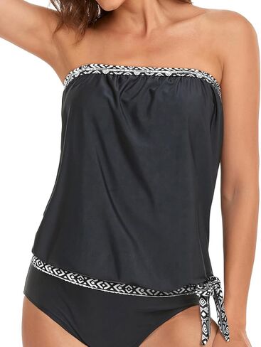 Holipick Two Piece Strapless Tankini Swimsuits for Women Bandeau Swimsuits Blouson Tankini Tops with Bikini Bottoms Teen Girl in Kuwait