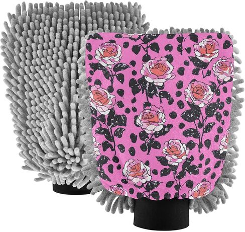 AIXIWAWA Rose Leopard Print Car Wash Mitt Washing Glove Scratch Free Water Absorbent 2 Pack Medium in Saudi Arabia