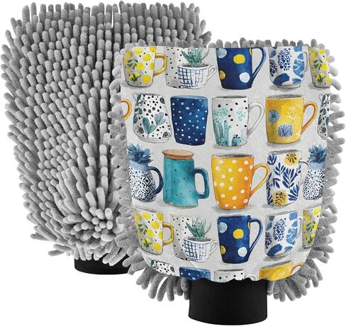 AIXIWAWA Cups Pattern Print Car Wash Mitt Washing Glove Scratch Free Water Absorbent 2 Pack Medium in Saudi Arabia
