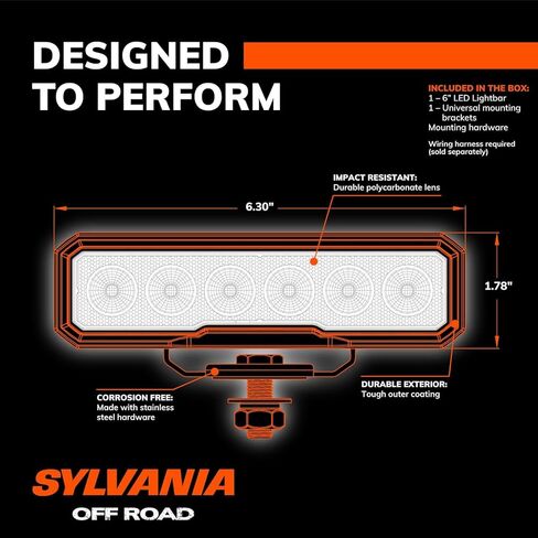 SYLVANIA Rugged 6 Inch Flood LED Light Bar - LIFETIME Limited Warranty - Floodlight 1700 Raw Lumens - Off Road Driving Work Light - For Truck, Boat, Tractor, ATV, UTV, SUV, 4x4 (1 PC) in Saudi Arabia