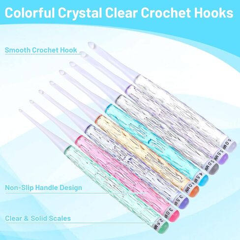 8 PCS Crochet Hook Set Crystal Crochet Needles Inline Crochets Hooks with Long Shaft 2.5mm-6mm Ergonomic Non-Slip Crochets Needles Colorful Plastic Handles for Blankets Dolls Shawls Hats Scarves in Saudi Arabia
